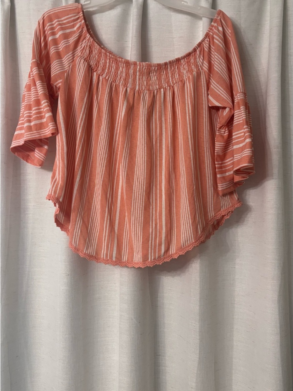 True Craft Coral and White Striped Off-Shoulder Tunic